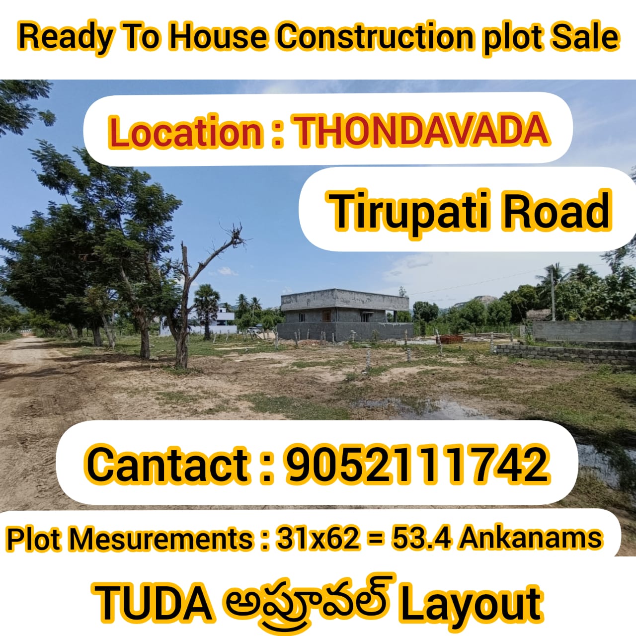 THONDAVADA Tirupati road  Ready to House constriction Plot sale TUDA Approval